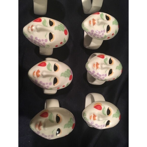 10 Ceramic AUDREY NAPKIN RING HOLDERS FACE MASK Floral‎ Marzi Gras - Picture 10 of 10